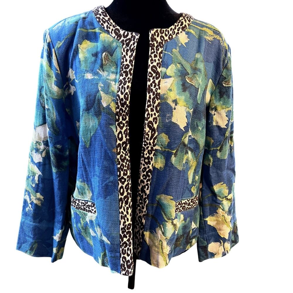 Chico's 2 Shades of Blue Open Front Jacket with Animal Print, Women's size  12